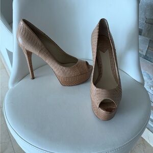 Brian Atwood Tan Textured Peep-Toe Heels